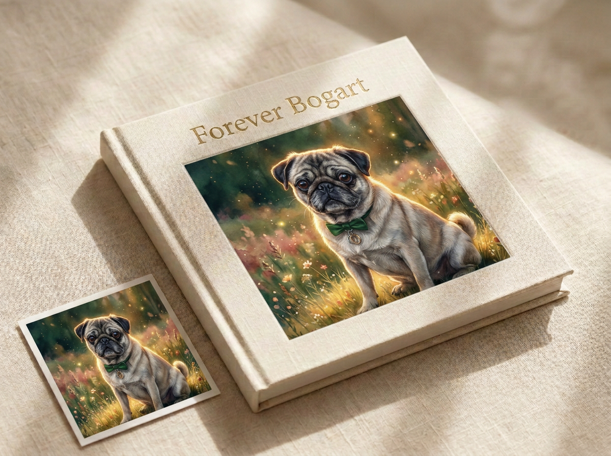 Premium linen hardcover Furever Friends keepsake book with a bonus keepsake print